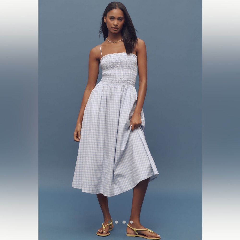 Reformation Kerrie Smocked Light Blue Gingham Midi Dress